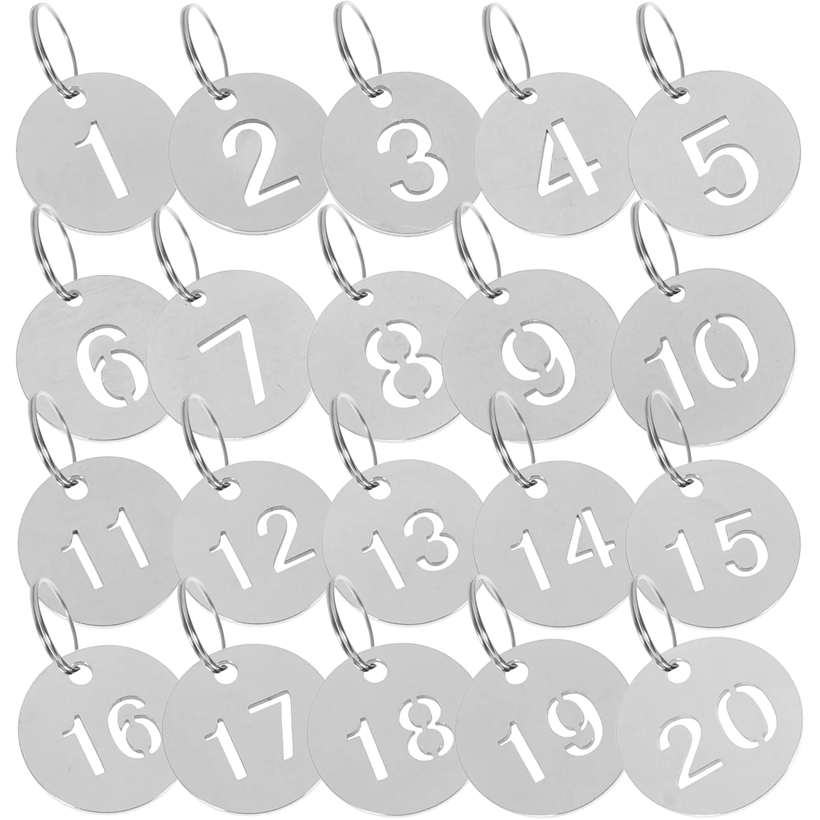 20 Pcs Locket Stainless Steel Number Plate Metal Numbered Tags for Luggage Belt Round Cards Silver Key Ring Office