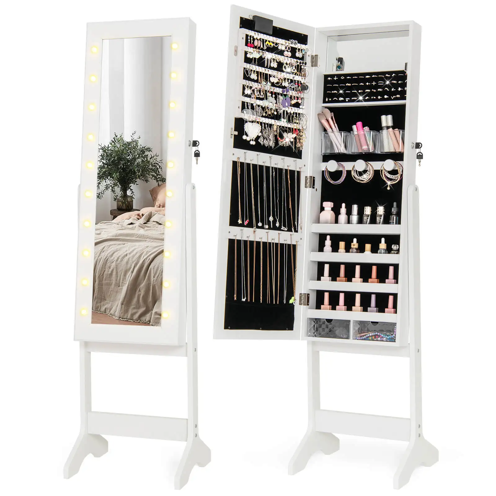 LED Mirror Jewelry Cabinet w/20 LED Lights Full-Length Mirror Adjustable Angles