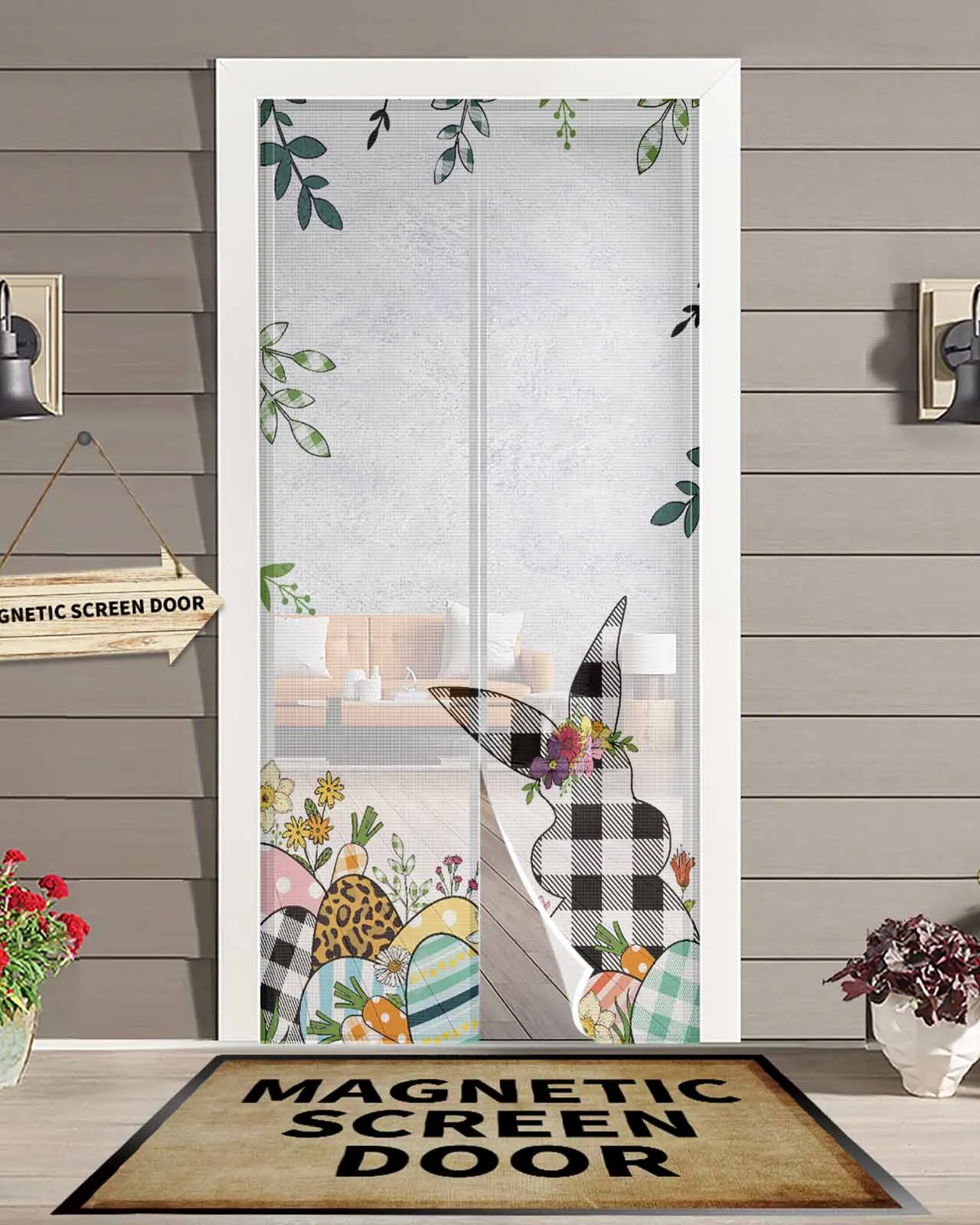 Easter Eggs Bunny Plaid Flowers Summer Magnetic Door Curtain Living Room Bedroom Home Anti-mosquito Screen Door Curtain