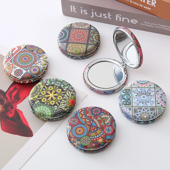 مرآة قابلة للطي، مرآة على الوجهين، طراز قديم، مرآة خبز دائرية محمولة، طراز بوهيمي، تصميم سميك #1