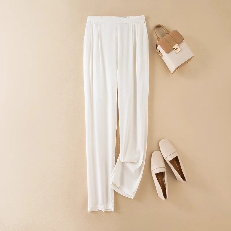 White 93%Natural Mulberry Silk Elastic Herringbone Pattern High Waisted Draped Professional Suit Straight Tube Smoke Pipe Pants