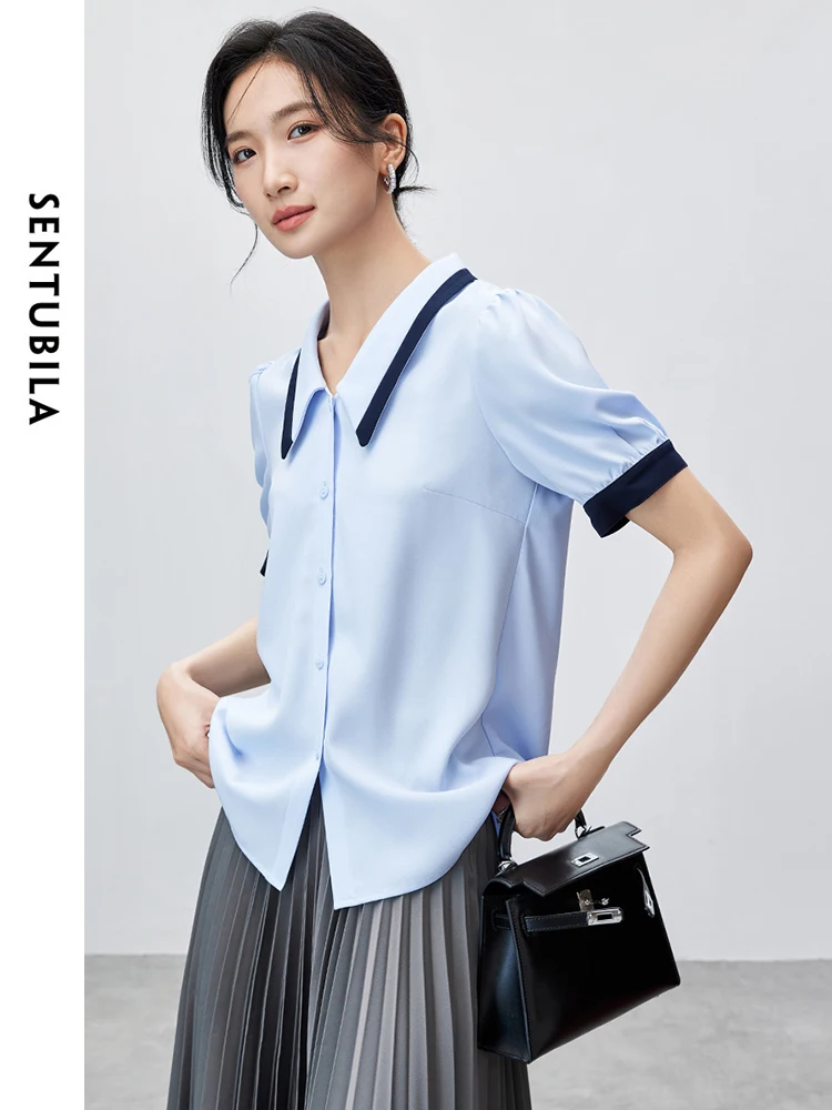 

SENTUBILA Women Contrast Lapel Summer Shirts Office Lady Tops 2024 Commute Loose Short Sleeve Button Up Shirts Blouses 142C54732