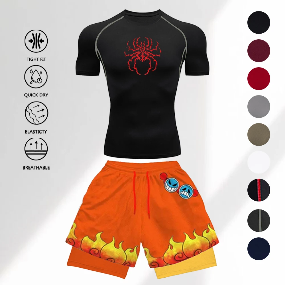 

2Pcs Men Quick Dry Workout Compression Training Set Fitness Tight Tee + 3D Flame Graphic Double Layer Shorts Hunter Spider Print