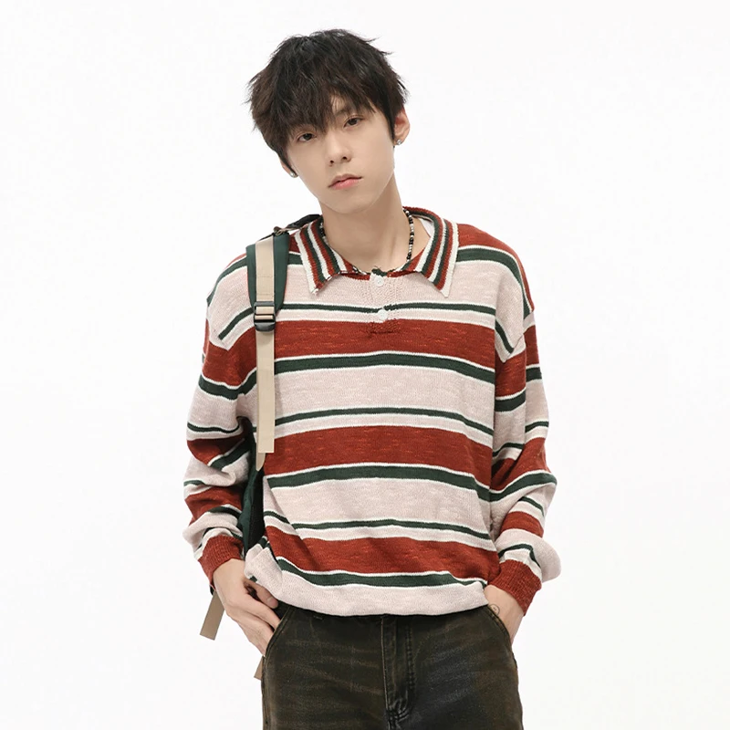 IEFB American Style Men\'s Sweaters Vintage Striped Contrast Color Turn-down Collar Loose Autumn Male Tops New Stylish 9C7434