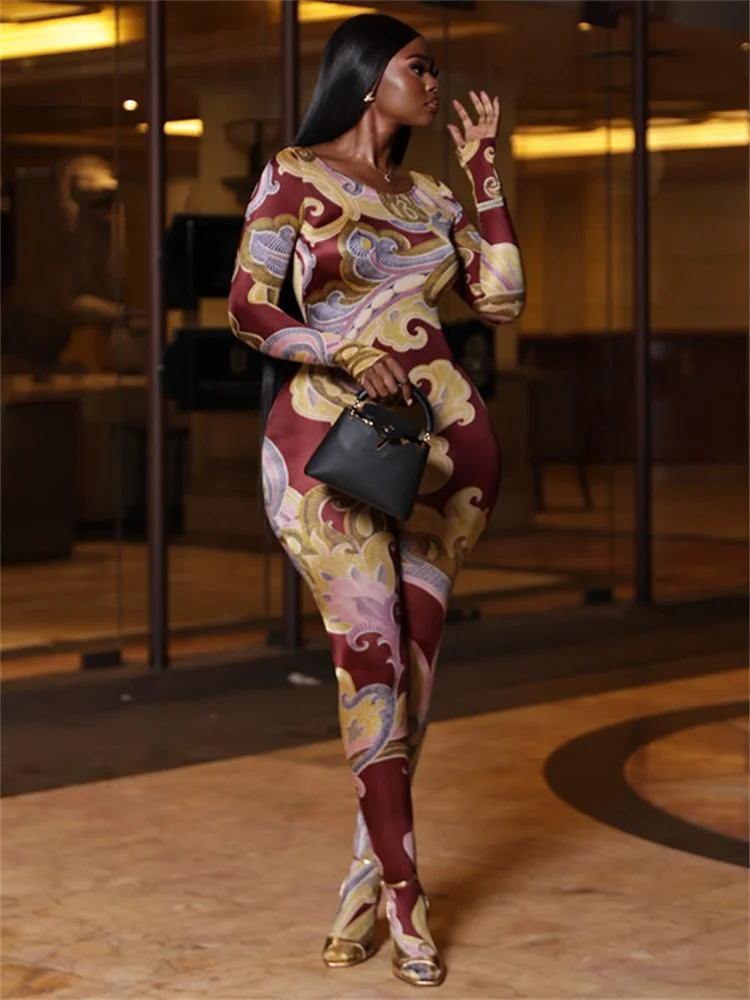 

SIsterlinda, комбинезон с ярким принтом, женский модный комбинезон с круглым вырезом и длинными рукавами, весенний тренд 2026, сексуальный эластичный тонкий уличный клубный комбинезон