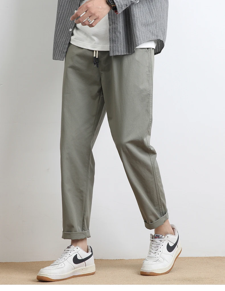 High Quality Summer Thin Men's Casual Pants 95%Cotton Breathable Solid Color Outdoor Elastic Waist Chino Trousers Male Amekaji