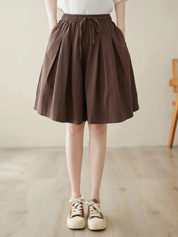 편안한 단색 플리츠 와이드 레그 팬츠 여성 여름 캐주얼 루즈핏 5부 길이 한국 스타일 출퇴근용