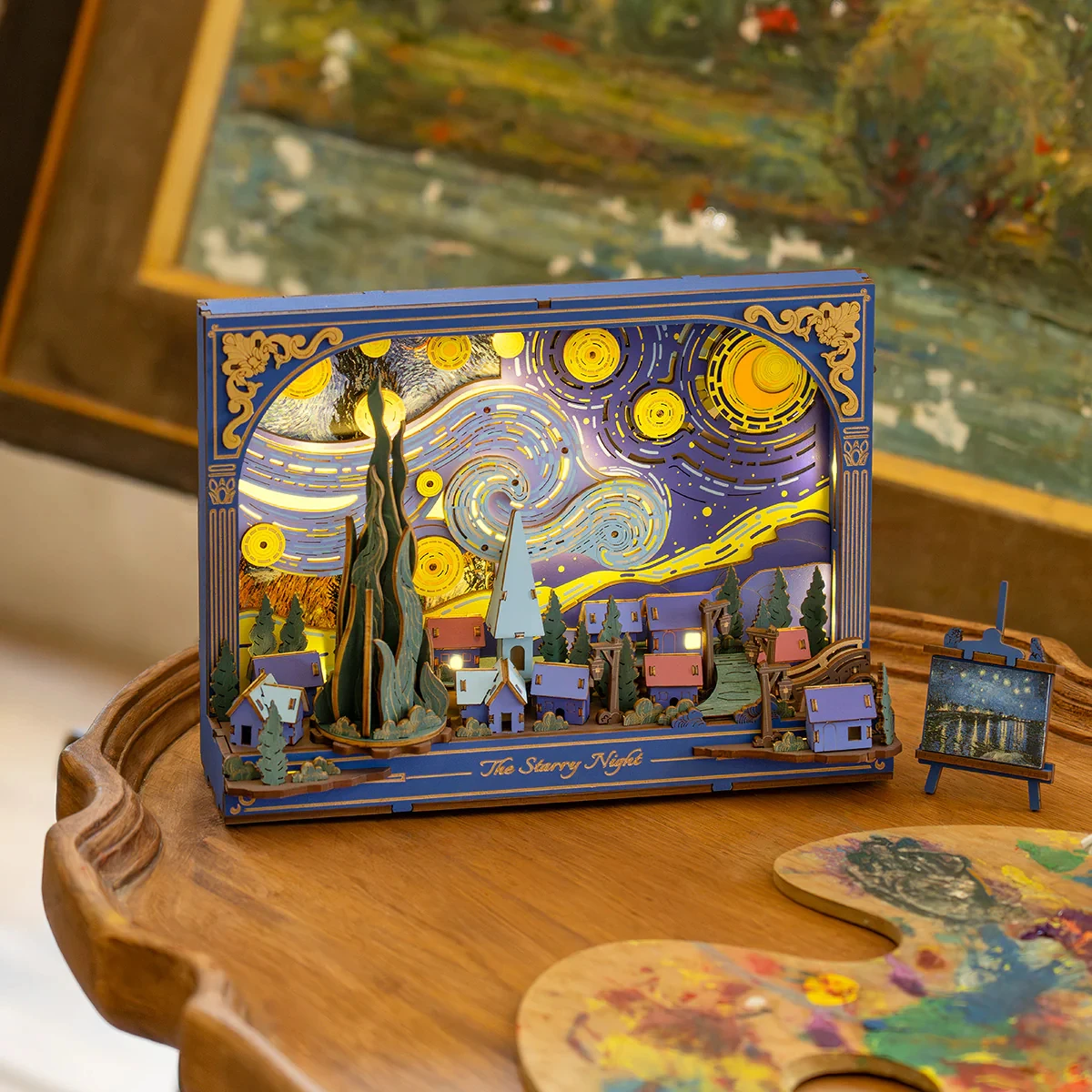 Robotime The Starry Night Wall Art Puzzle in legno 3D in movimento con ingranaggi luminosi a LED Decorazione da scrivania interattiva Regalo unico fai da te per adulti