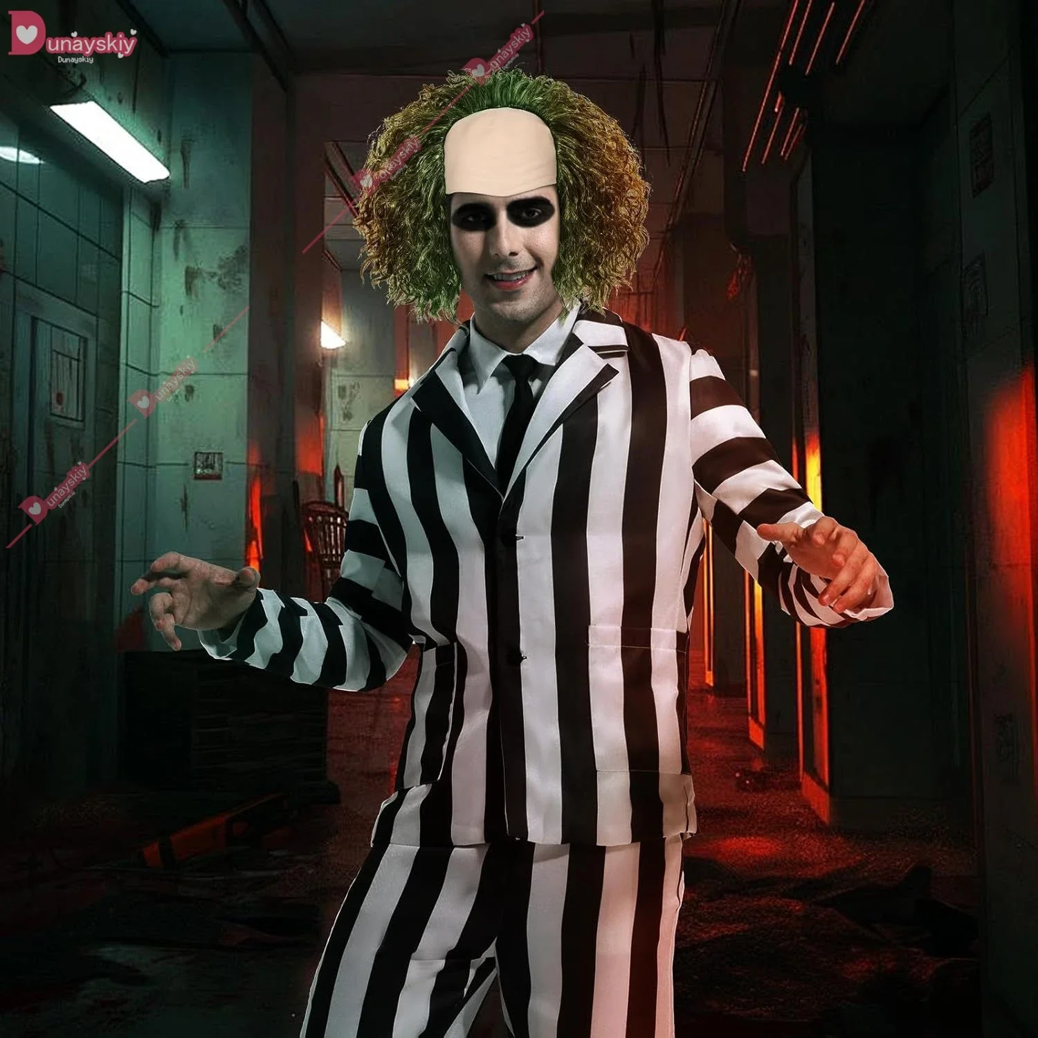 CosplayHalloween Beetle2Juicee شعر مستعار تأثيري شعر مستعار أخضر مع قبعة أصلع كرنفال مهرج الأخضر شعر مستعار هالوين حفلة تأثيري الدعامة