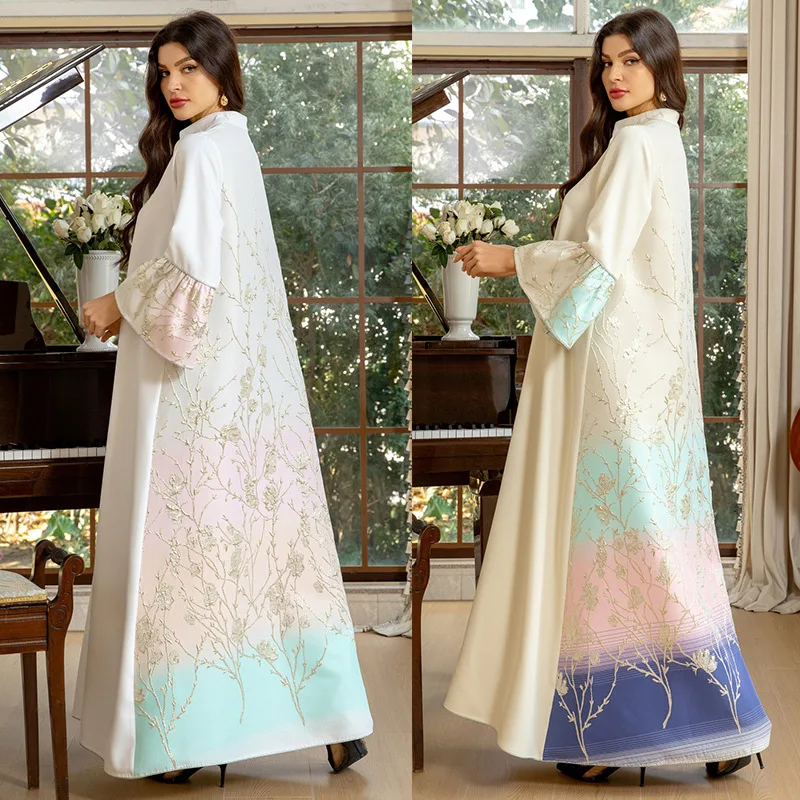 

Elegant Muslim Jalabiya Arabic Dubai Jacquard Abaya Gradient Color Maxi Kaftan Long Sleeve Modest Premium Evening Robe