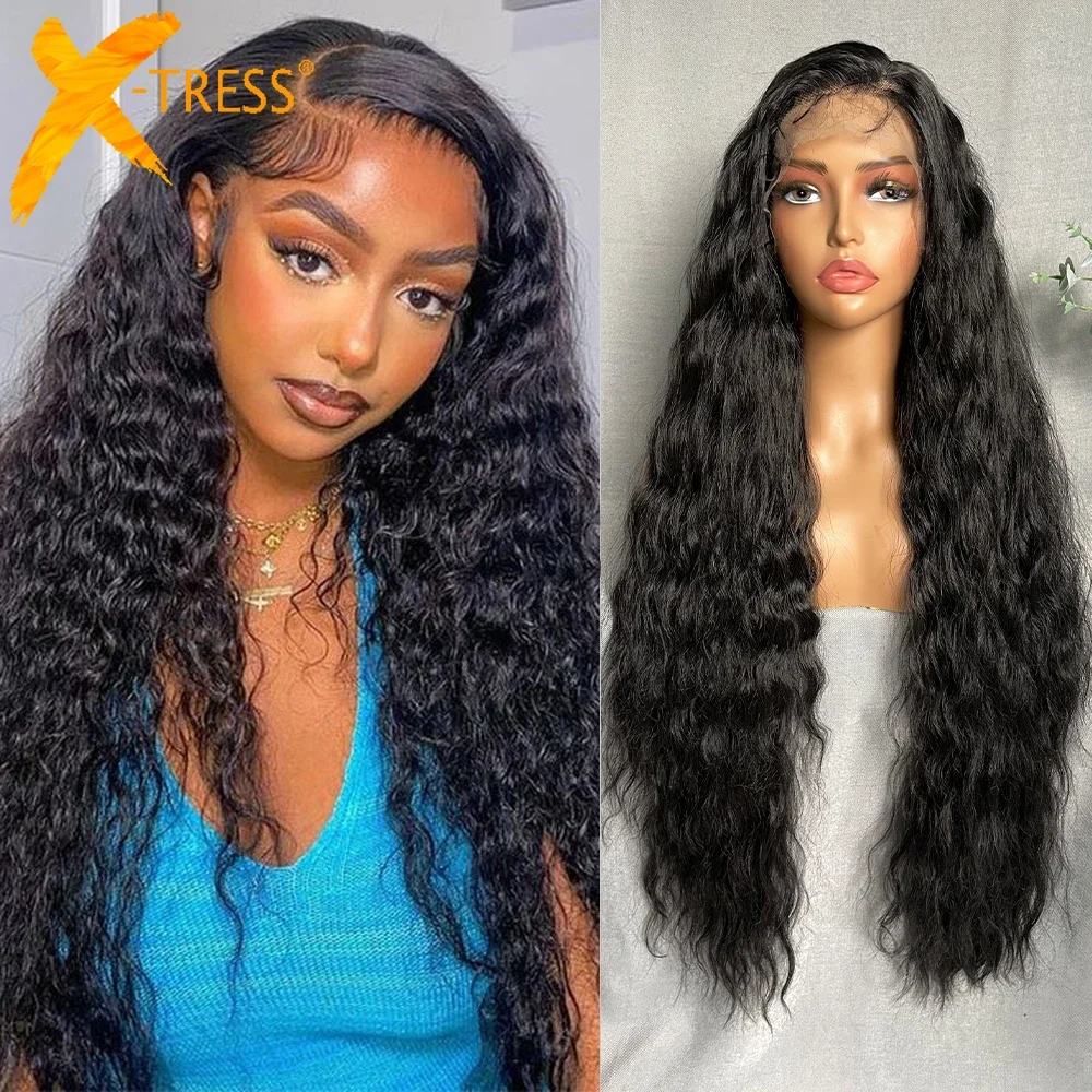 

X-TRESS Long Curly Synthetic Lace Frontal Hair Wigs for Black Women 34" 13X6 Lace Front Soft Wig with Baby Hair Natural Looking