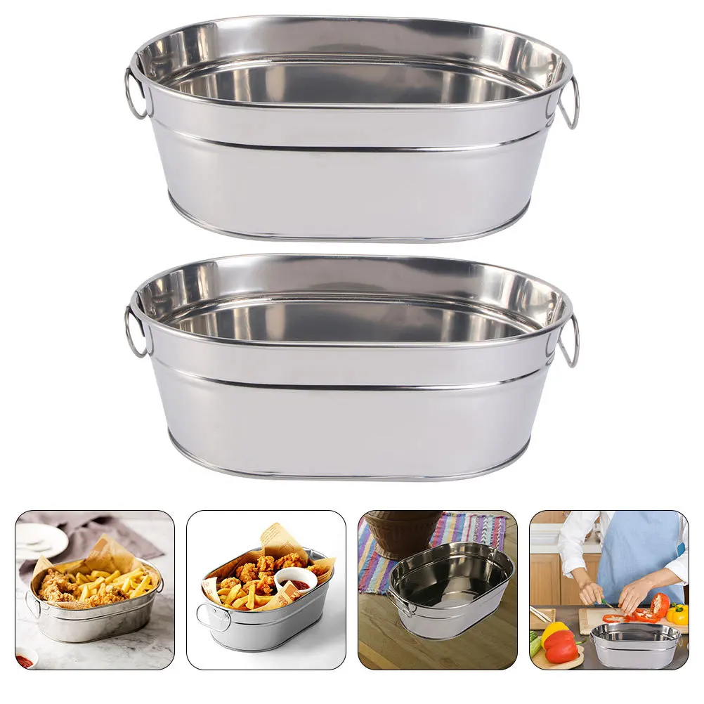 

2Pcs Seafood Bucket Stainless Steel Double Handle Snack Container for French Fries Fried Chicken Ice Candy Bread Dining Table