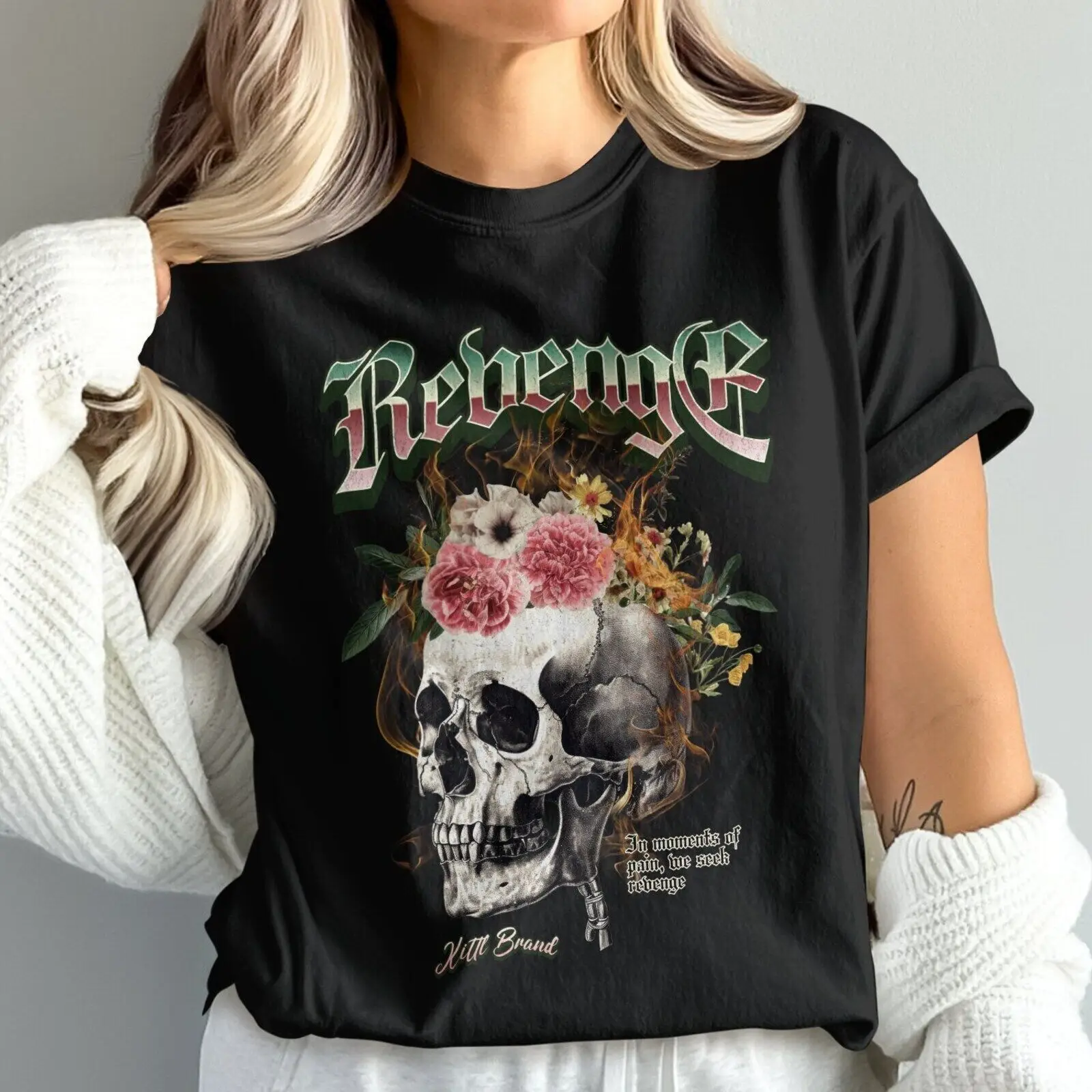 Revenge Skull with Flowers T Shirt Gothic Art Floral