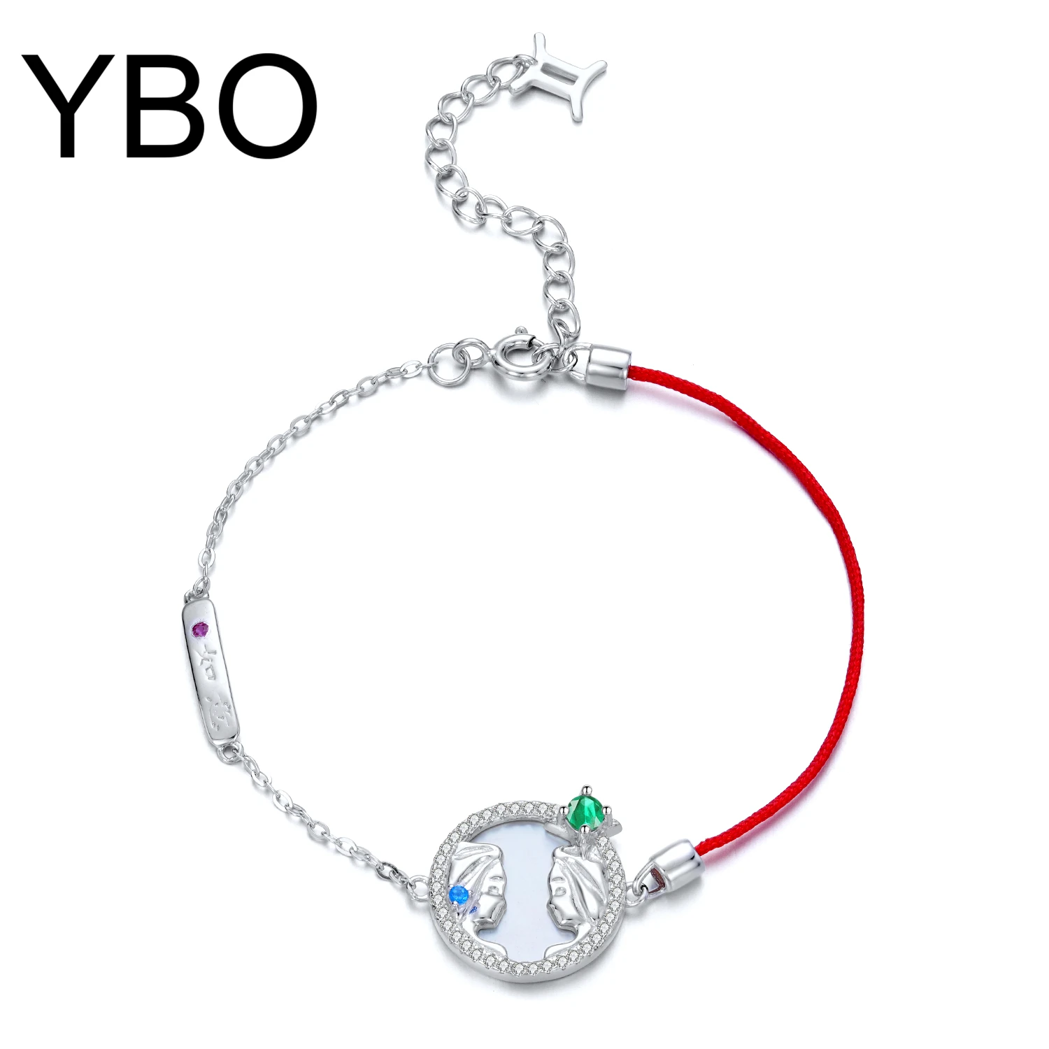 

YBO Friendship Red String Bracelets Women Gemini 925 Sterling Silver Hand Bangle Natural Emerald CZ Couple Birthday Party Gifts