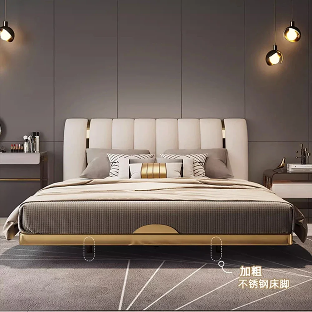 

MINGDIBAO Современная подвесная кровать из натуральной кожи с сенсорным светом, двойной прямоугольный каркас кровати из нержавеющей стали, Nordic Camas