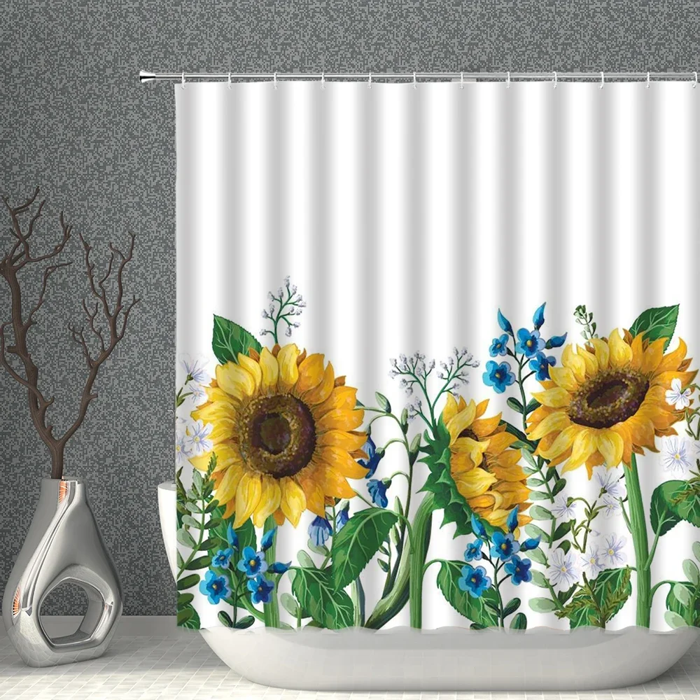 Yellow Sunflower Field Shower Curtain Green Leaf Plant  Home Bathroom Waterproof Polyester Cloth Decorative Screen Can Be Washed