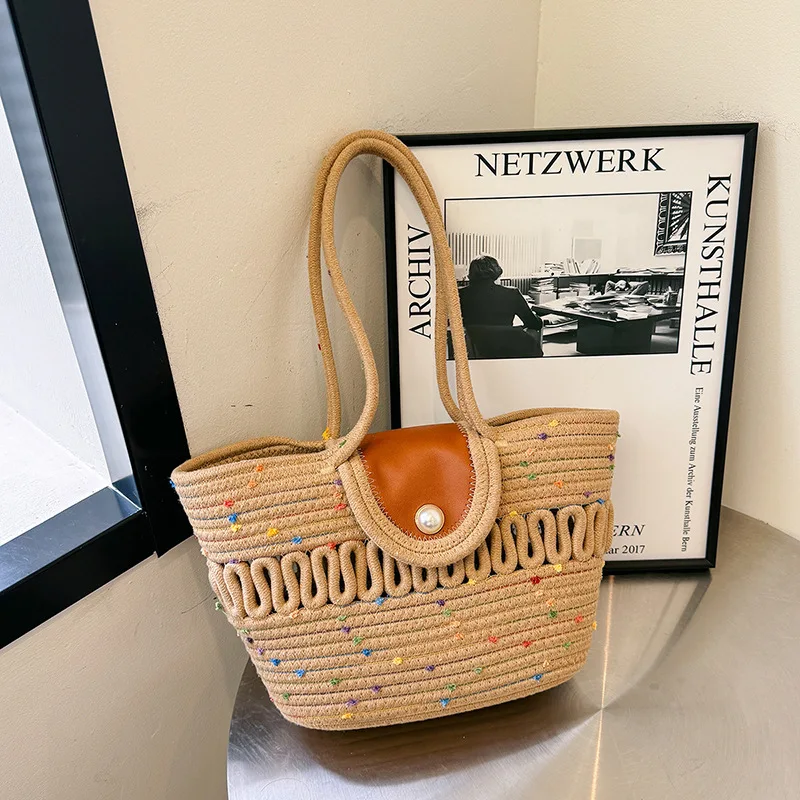 

Ballet Style Fake Grass Woven Bag Summer Large Capacity Woven Handheld Shoulder Bag Strap Silk Scarf Bag