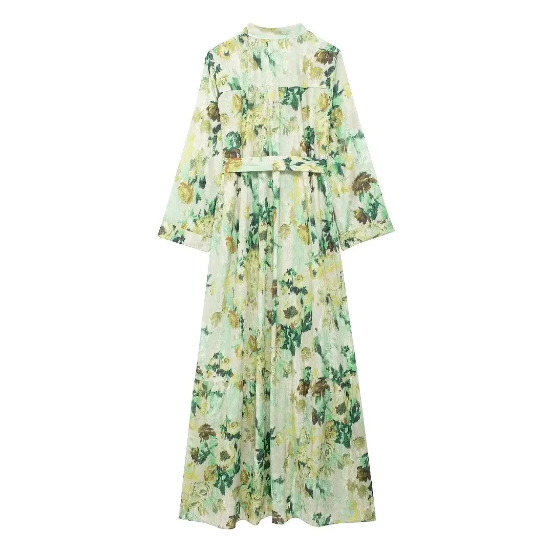 Tangada 2024 Women Green Flower Print Dress With Slash Long Sleeve Female Midi Dress 3H0491