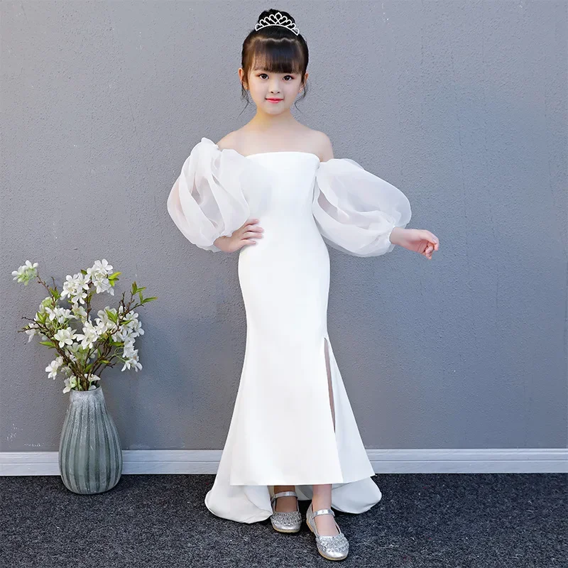 White Mermaid Dress Age for 3- 14 Yrs Teenage Girls Vintage Noble Graduation Gowns Evening Party Kids Irregular Christmas Frocks