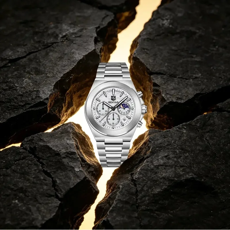 BENYAR Minimalist Men Quartz Watch Sport Moonphase Date Window Waterproof Stainless Gentleman Watch For Daily Commute 2026 New