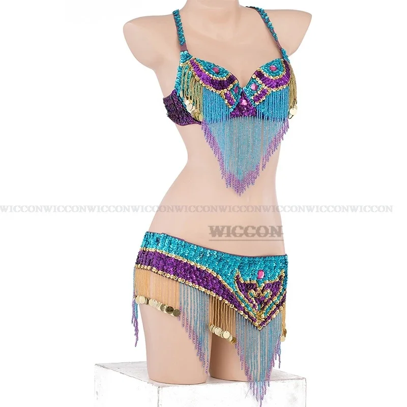 Sujetador de cinturón de Suite de danza del vientre para mujer, conjunto de 2 piezas, disfraces de Samba, sujetador Sexy de Club, tamaño de sujetador, acepta cualquier tamaño, 4 colores, sujetador de cadera de danza del vientre