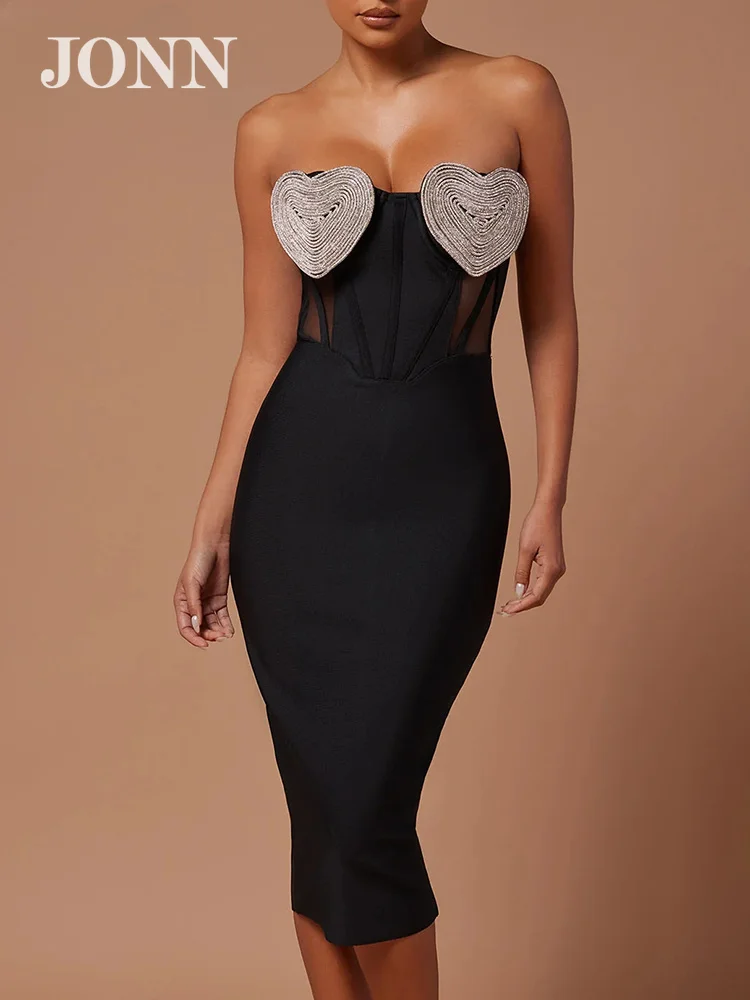 

JONN Black Bandage Dress for Women Sexy Sweetheart Shape with Crystal Design Strapless Slim Fit Midi Dress Elegant Evening Wear