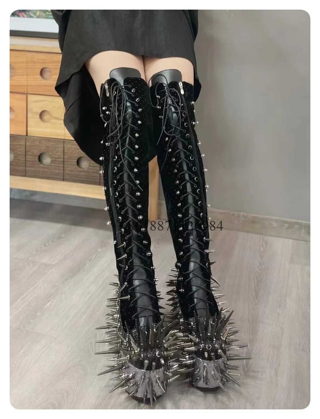 Punk Style Black Round Toe Over The Knee Platform Women Boots With Rivet Chunky High Heels Lace Up Large Size Customized Shoes