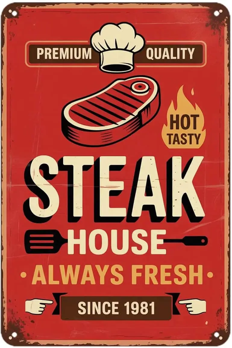 Steak House Tin Sign Premium Quality Beef Food Menu Vintage Metal Signs Wall Decor for Kitchen Bar Cafe Bedroom Home Patio Outdo