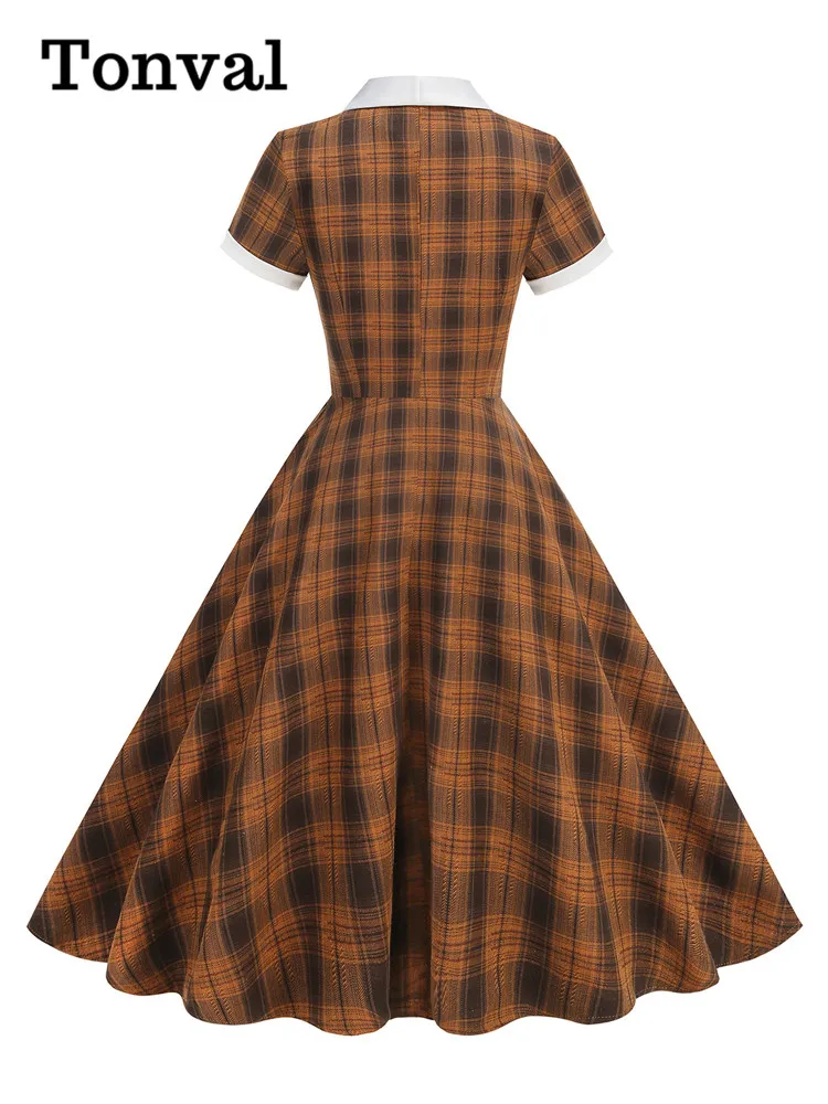 Tonval Schalkragen, Knöpfe vorne, kariert, Rockabilly, lange Kleider, 2025, Herbst-Winter, Taschen, seitlich, elegantes Damen-Swing-Kleid