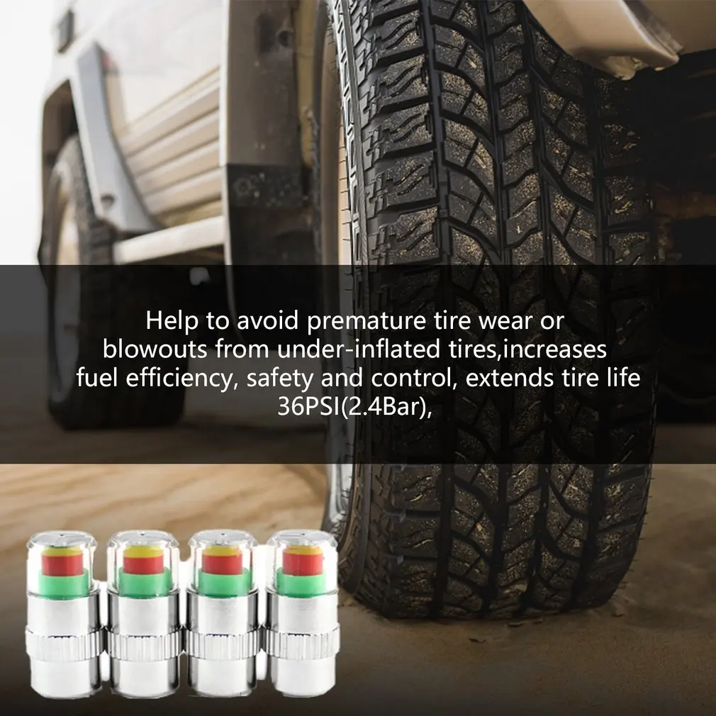 4pcs/set Car Tire Pressure Monitor Valve Stem Caps Air Alert Tire Valve Cap Pressure Sensor Monitor Light Cap Indicator