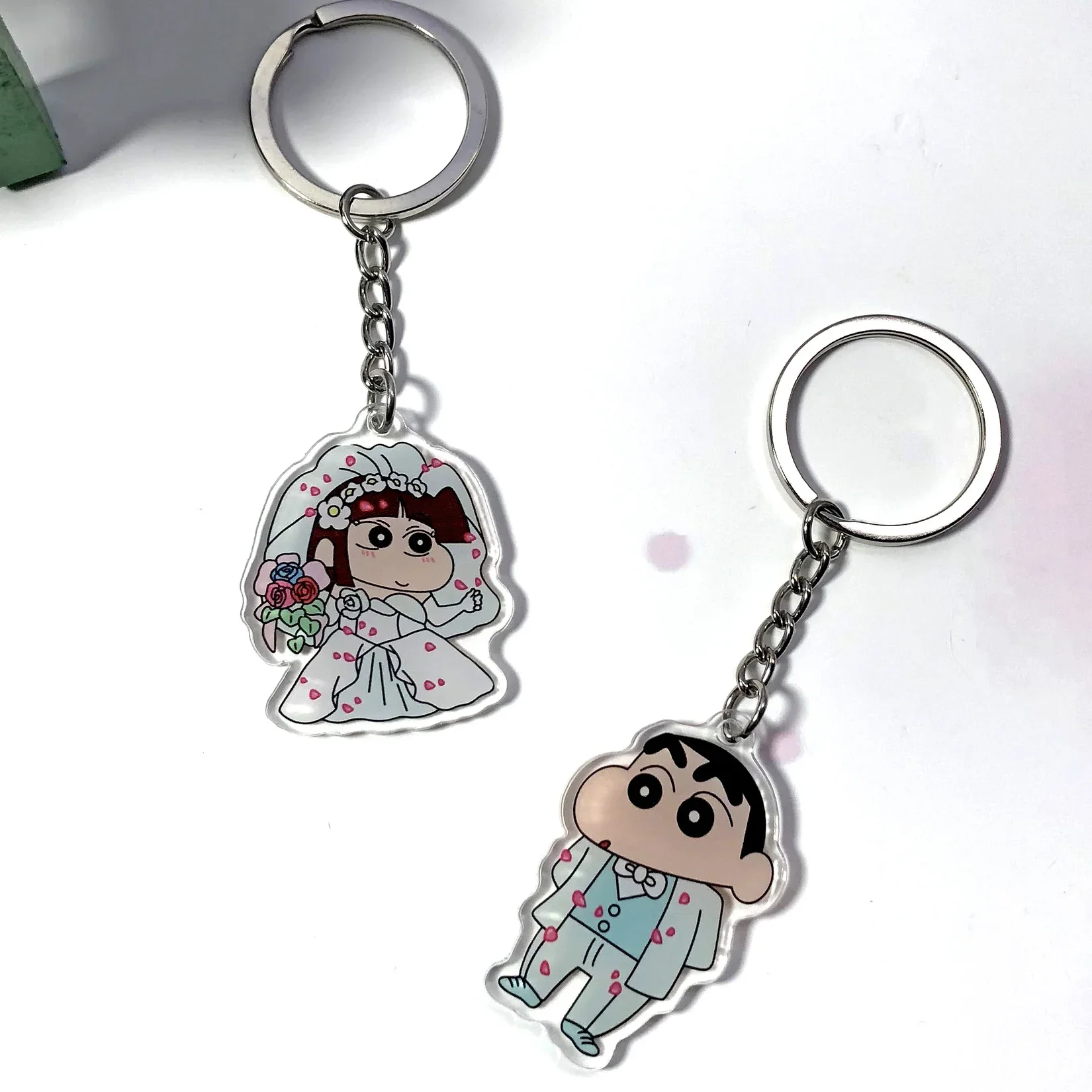 Bandai 2Pcs/set New Anime Crayon Shin-chan Kawaii Q Version Funny Figure Acrylic Model Toys Love Couple Pendant Keychain Gifts