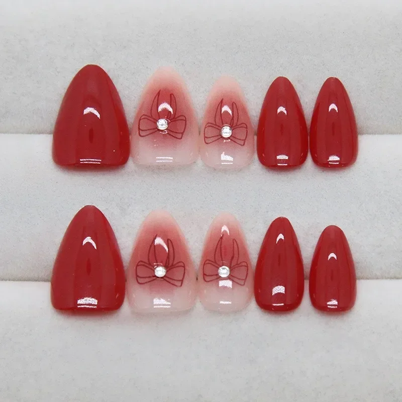 24Pcs Red Powder Blusher Press-On Nails Almond Shape Sweety False Nails with Bow Design for Women&Girls Valentine's Day Nails