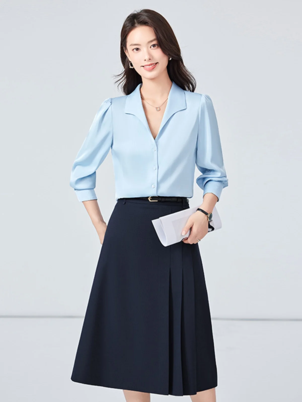 Elegant Satin Feel White Shirt for Women Commute Slim Fit Small Size Shirt Autumn Winter New Style Polyester Fiber V Neck