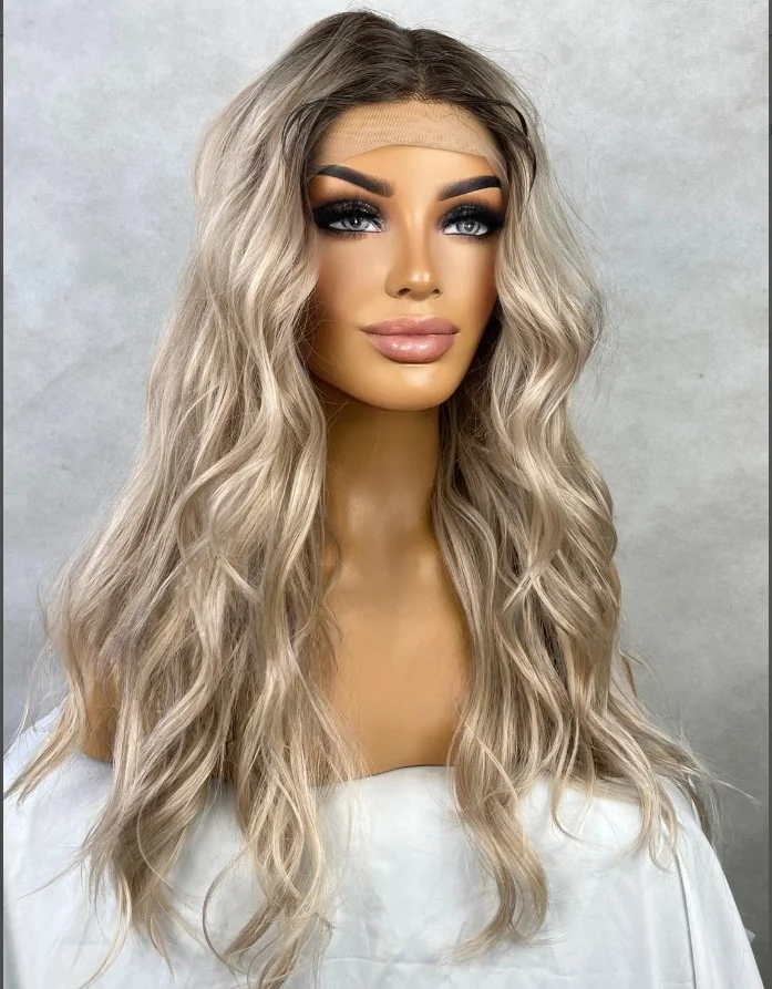 البلاتين باروكات شقراء مع الجذر الداكن موجة المياه شعر مستعار الإناث الجزء الأوسط 13*4HD الدانتيل الباروكات العليا للنساء ألياف مقاومة للحرارة