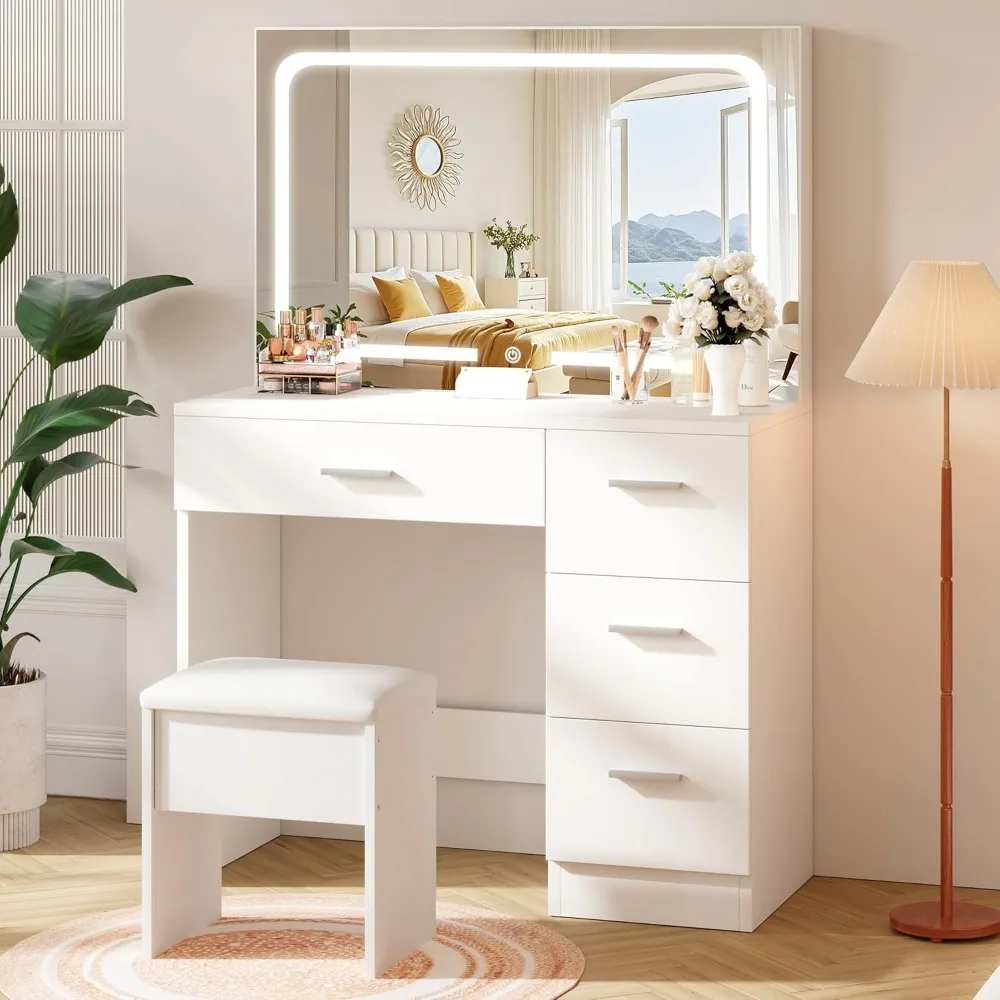

"White Vanity Desk w/ LED Mirror - Makeup Dressing Table w/ Drawer & Cushioned Stool for Bedroom"