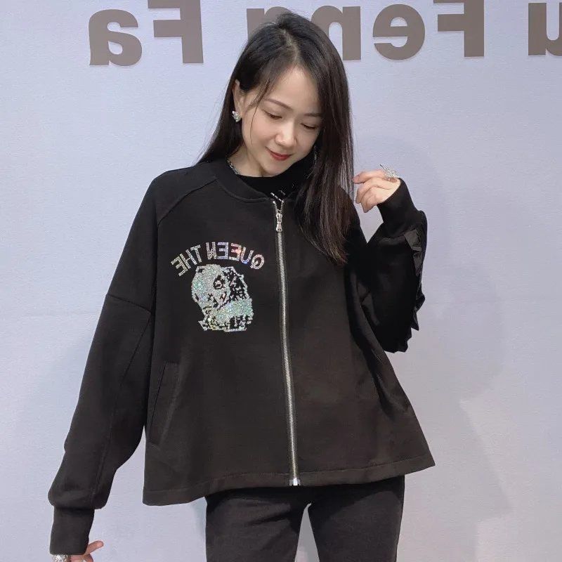 Women's Clothing Ruffled Rhinestone Oversized Cardigan Zipper Jacket Women's Autumn Winter Batwing Sleeves Black Versatile Coat