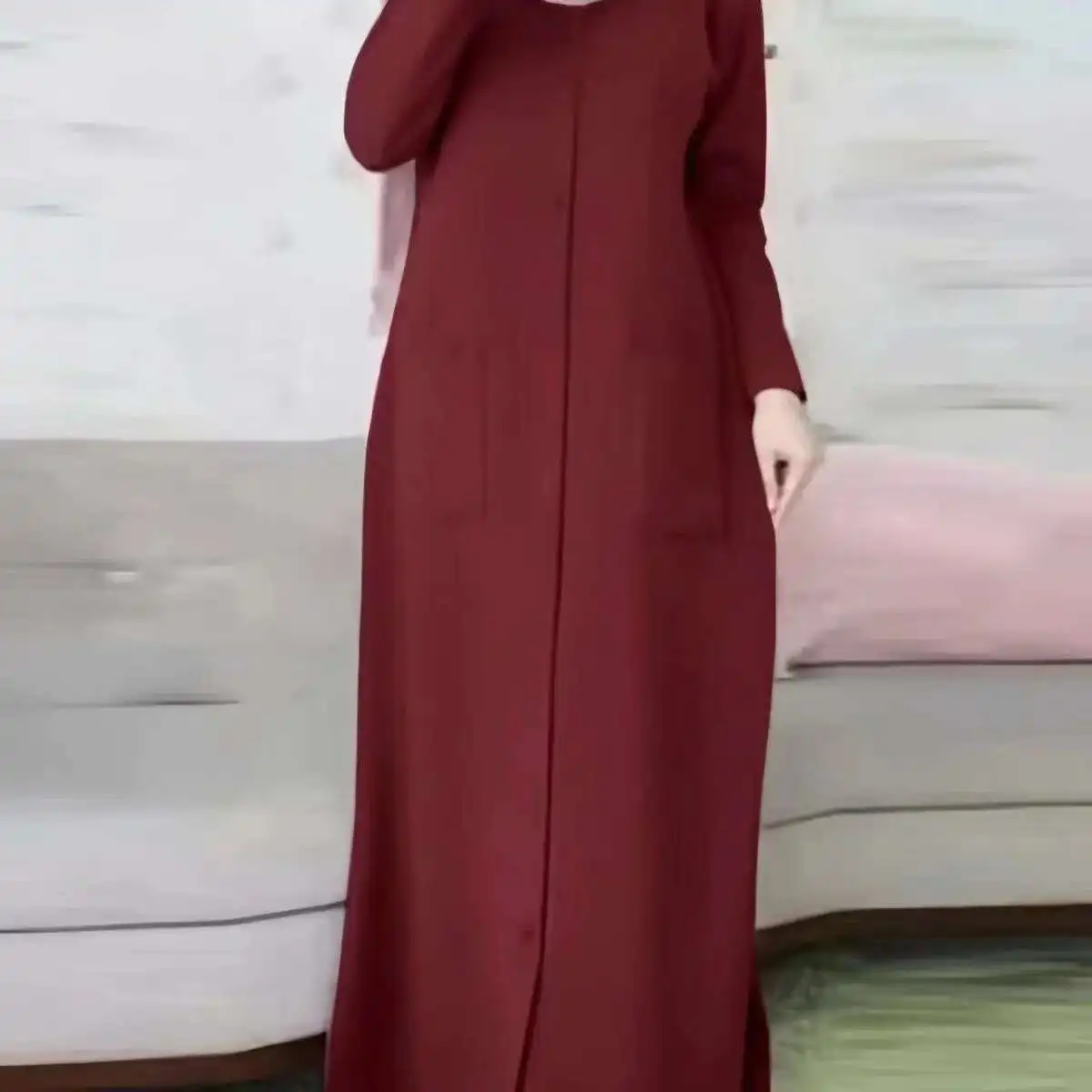 

Quality Muslim Solid Color Loose Fit Round Neck Long Sleeved Shirt Dress Robe Abaya Ramadan Dubai Luxury Islam Elegant