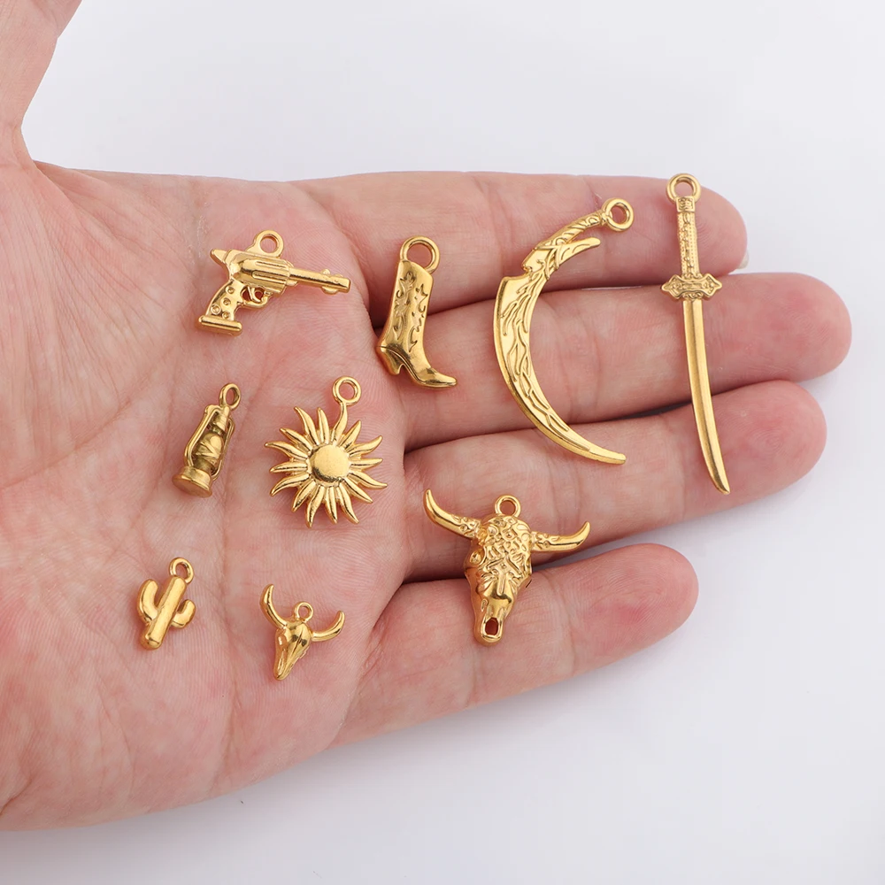 5pcs/lot Stainless Steel Bull Head Boots Lamp Pistol Knife Sword Cactus Sun Charms Cowboy Pendant for DIY Jewelry Making