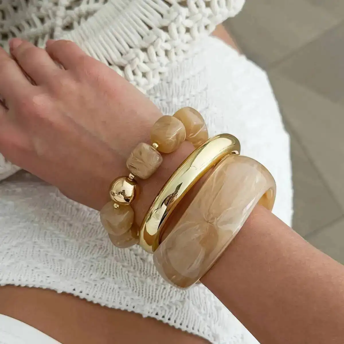 SHIXIN 3Pcs/Set Vintage Boho Colorful Thick Resin Acrylic Smudging Bangle Geometric Stackable Cuff Bangle Bracelet Women Jewelry