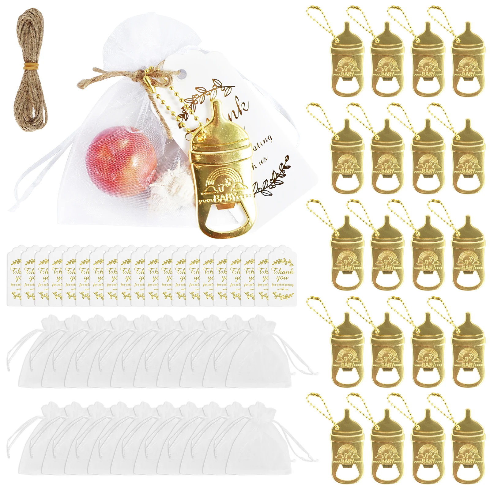 20Pcs Baby Bottle Opener Set Cute Gold Baby Shower Party Favor Opener with Gift Bags Hemp Rope and Hangtags Baby Shower Return