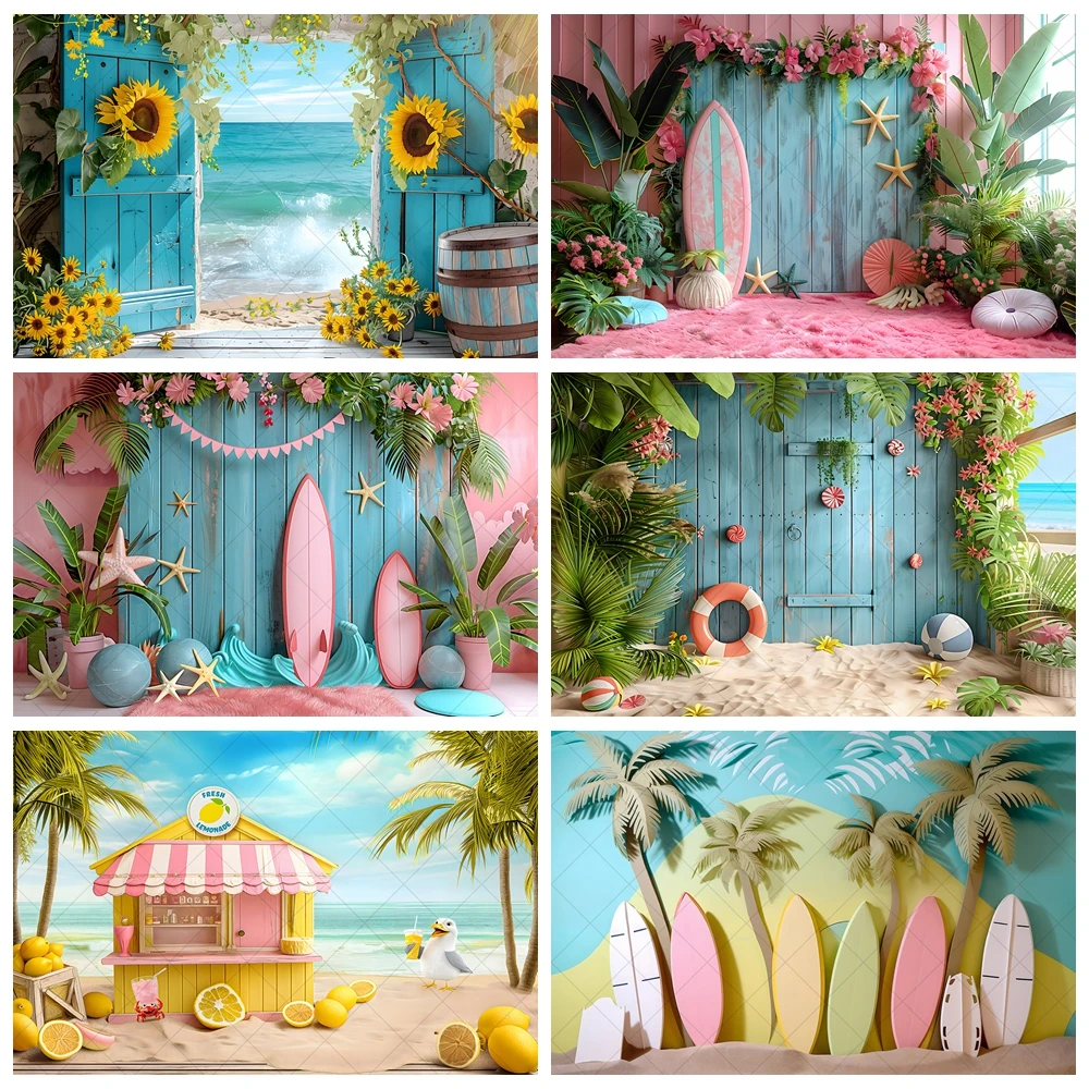 

Summer Tropical Seaside Pink Hut Beach Waves Sunflower Flamingo Background Summer Party Birthday Party Custom Photo Decoration