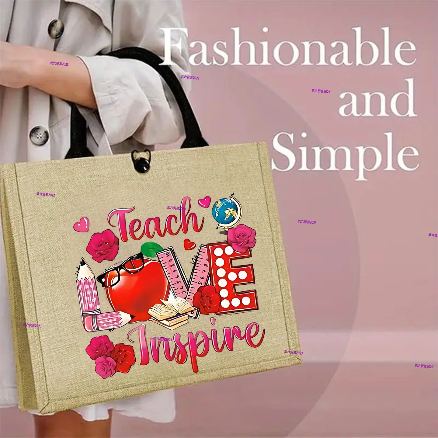 Teach Love Inspire Apple Rose Print Linen Tote Bag Teacher Gift Reusable Shopping Bag Portable Grocery Shoulder Handbag