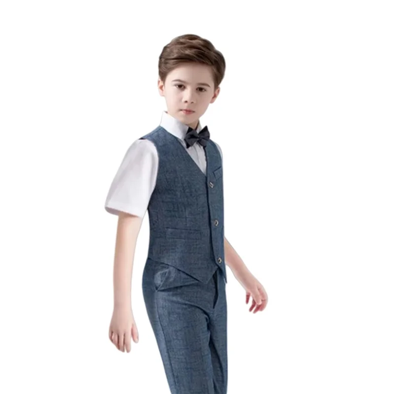 Flower Boys Wedding Outfit Set Kids British Style Vest Pants Bowtie 3Pieces Piano Host Speech Chorus Performance Costume
