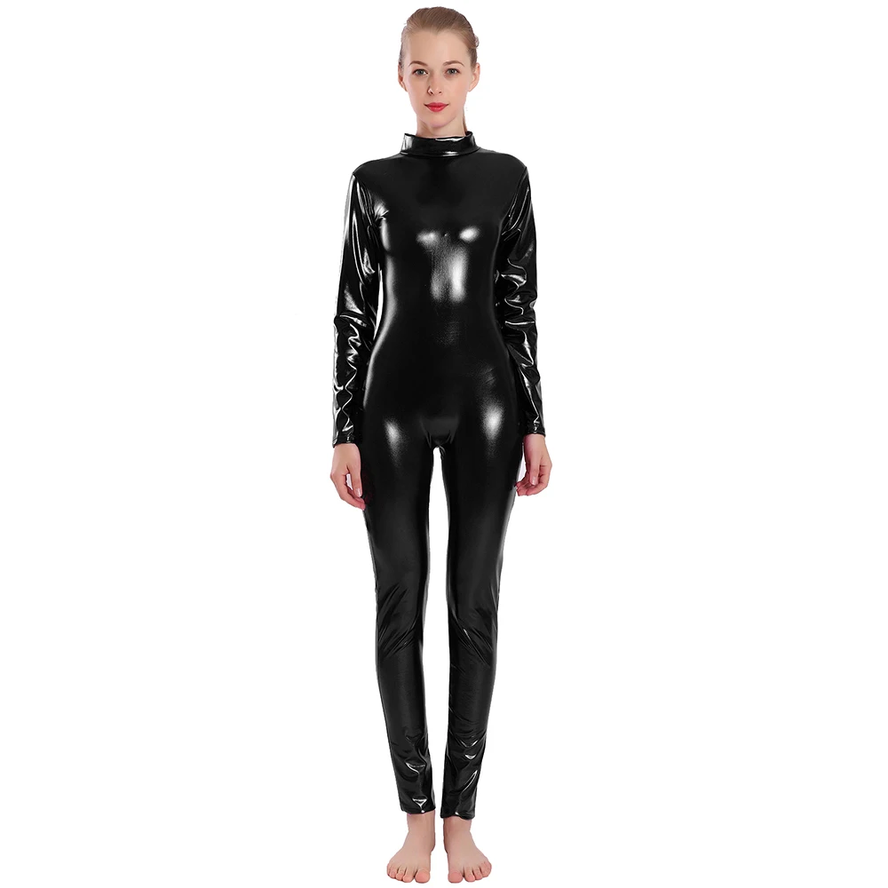 SPEERISE Women Shiny Metallic Unitard Long Sleeve Mock Neck Ballet Jumpsuits One Piece Turtleneck Dance wear Men Zentai Costumes