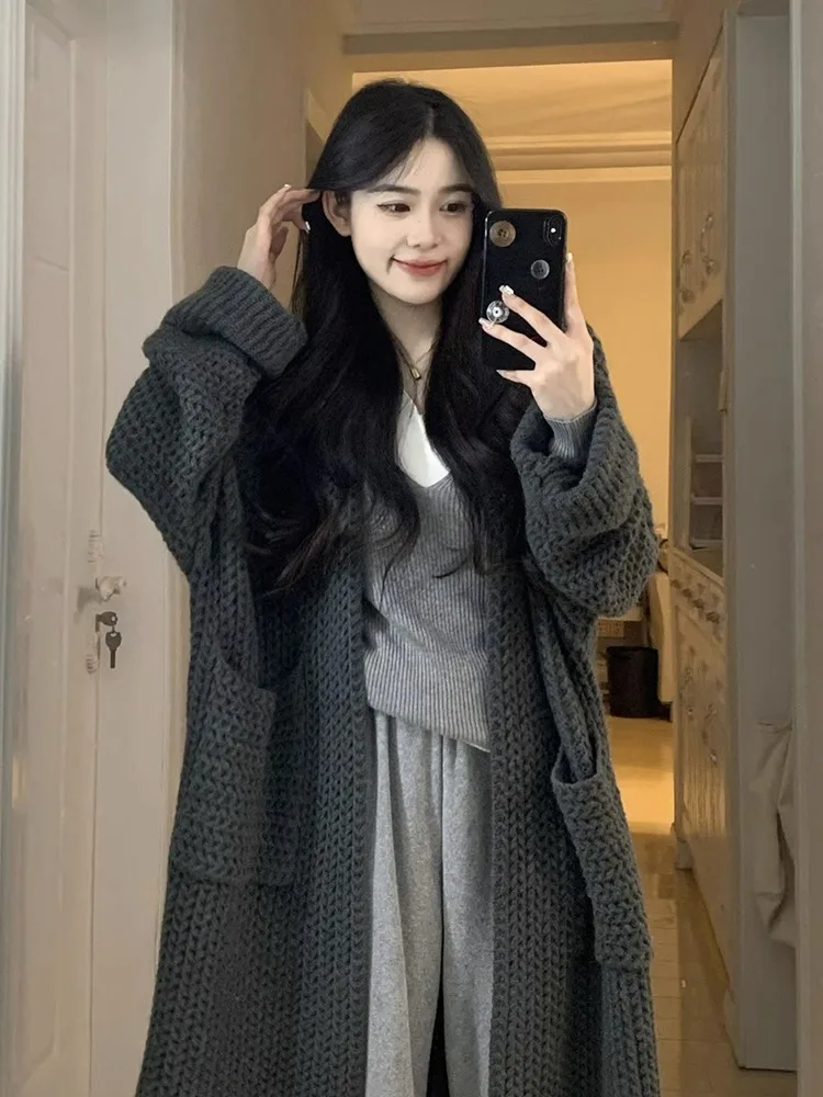 

Laid-ba Sle Oversized Sweater Coat Spring Autumn 2025 New Retro Faion Mid-length Open Cardigan Top with Large kets