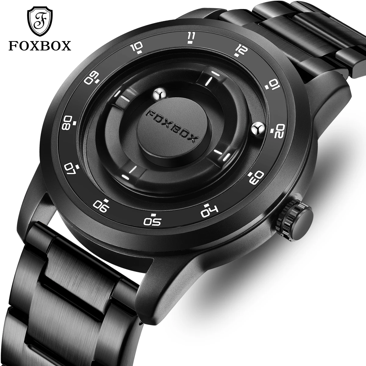 

New Original FOXOBOX Brand Luxury Scrolling Pointer Magnetic Force Quartz Wristwatch Military Sports Waterproof Watch Men+Box