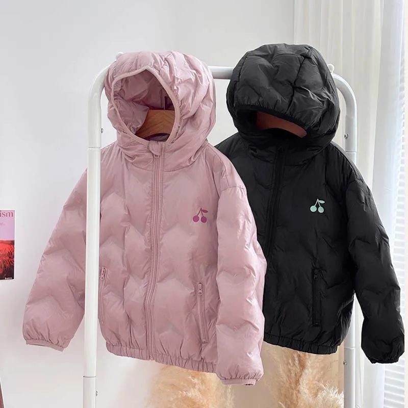 

2025 Autumn Winter Girls Cherry Hooded Lightweight Jacket Baby Boy Warm Down Solid Color Coat Kids Children's Clothing Parkas