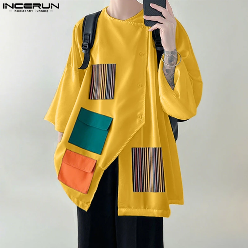 

INCERUN Мужская рубашка нестандартной формы в стиле пэчворк с цветными блоками и круглым вырезом с рукавами 3/4, мужская одежда, уличная одежда, свободные топы, модные повседневные рубашки для мужчин