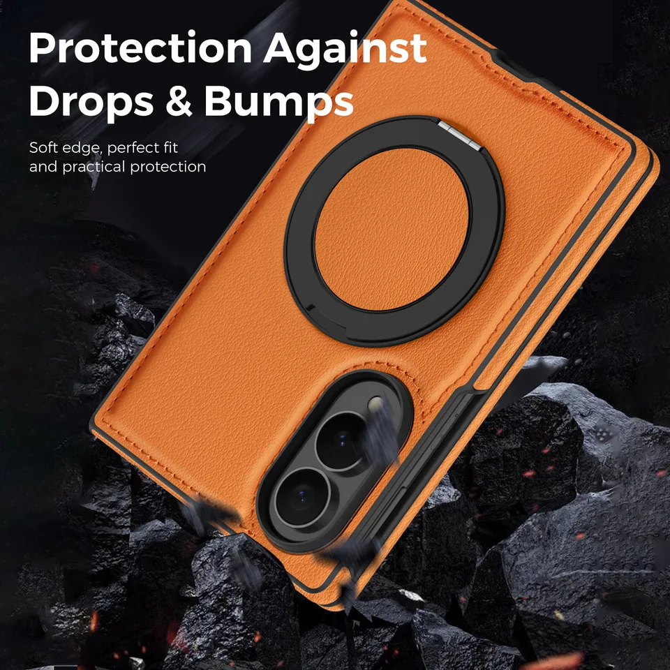 Funda con soporte giratorio de textura de cuero para Samsung Galaxy Z Fold 8 Wide 8Ultra 7 6 5 4 3, compatible con carga magnética 3