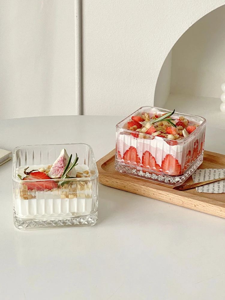 Transparent Square Striped Glass Bowl Home Girls Dessert Snack Ice Cream Ice Cream Yogurt Fruit Oatmeal Breakfast Bowl